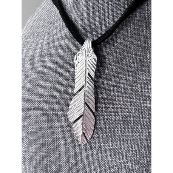 Upcycled Antique Silverware Feather Pendant Necklace: Bohemian Flatware Jewelry - Picture 1 of 7
